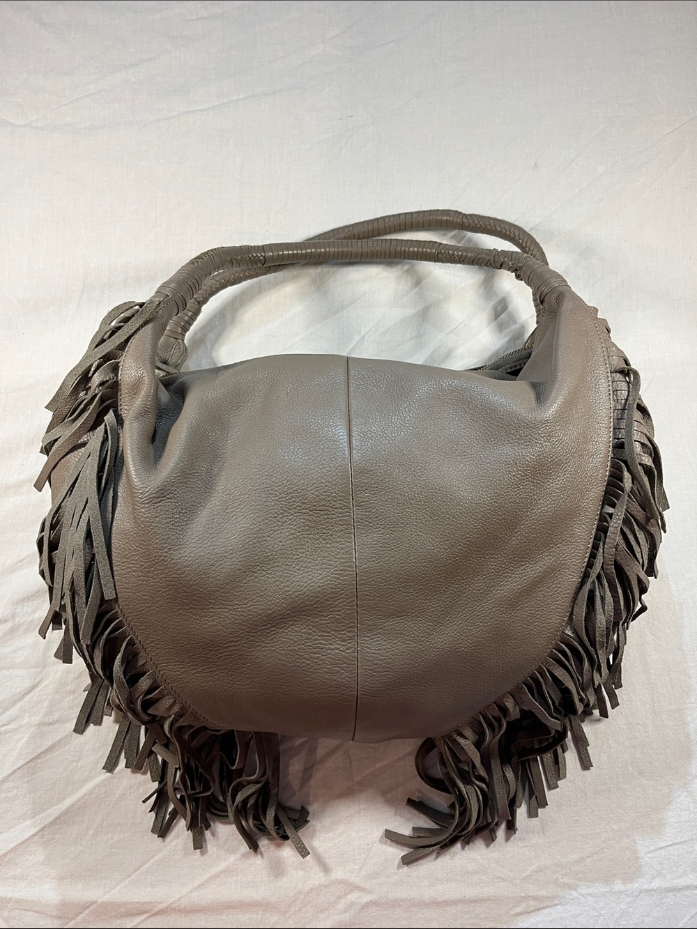 Elliott Lucca Gray Leather Fringe Hobo Shoulder Bag Braided Strap Slouchy Boho - Picture 3 of 11